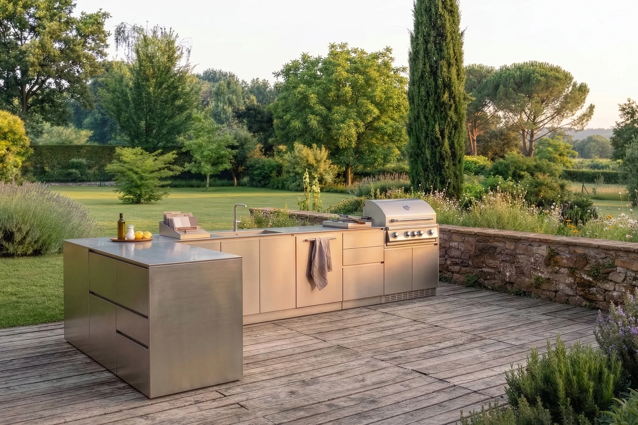 Immagine di una cucina all'aperto in un giardino con alberi al tramonto.